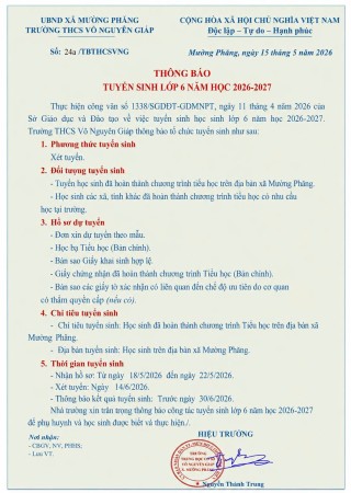 THÔNG BÁO TUYỂN SINH LỚP 6 NĂM HỌC 2026-2027
