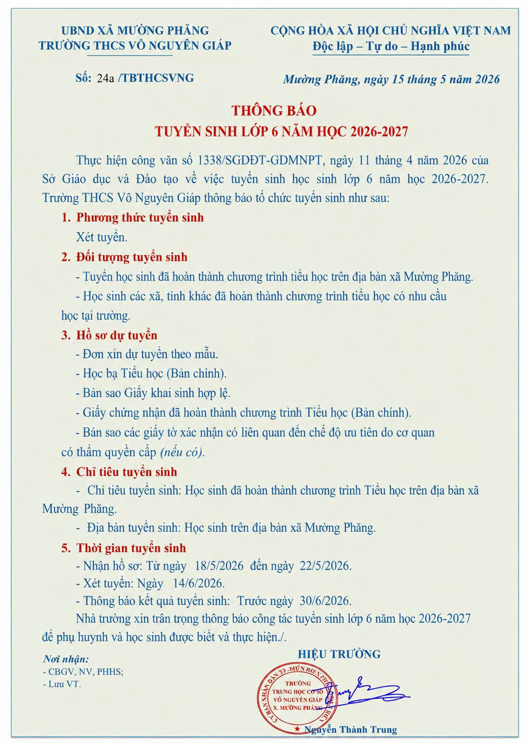 THÔNG BÁO TUYỂN SINH LỚP 6 NĂM HỌC 2026-2027