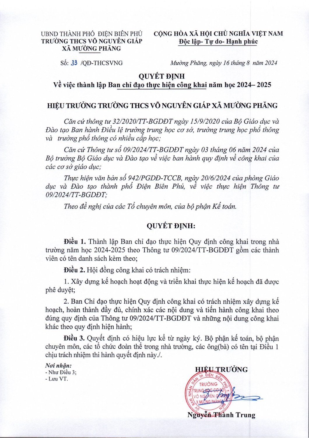 Số 33/QĐ-THCSVNG Về việc thành lập Ban chỉ đạo thực hiện công khai năm học 2024 -2025
