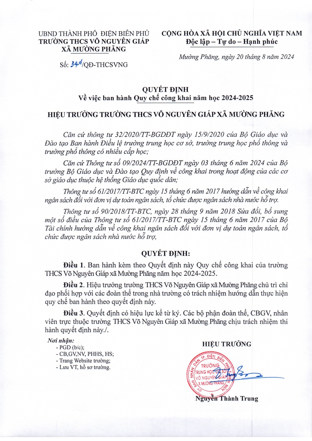 Quyết định về việc Ban hành quy chế công khai năm học 2024-2025